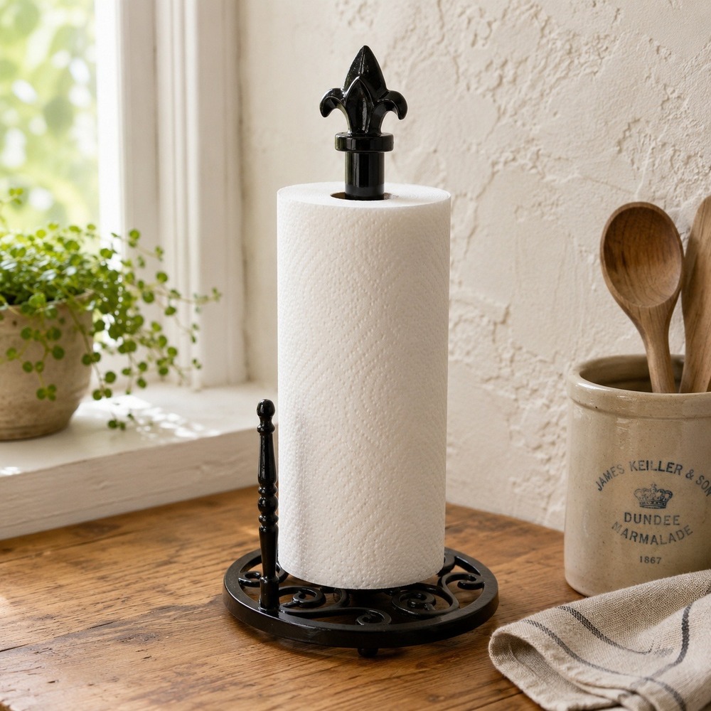 Black Cast Iron Fleur De Lis Paper Towel Holder Scrollwork Base French Country